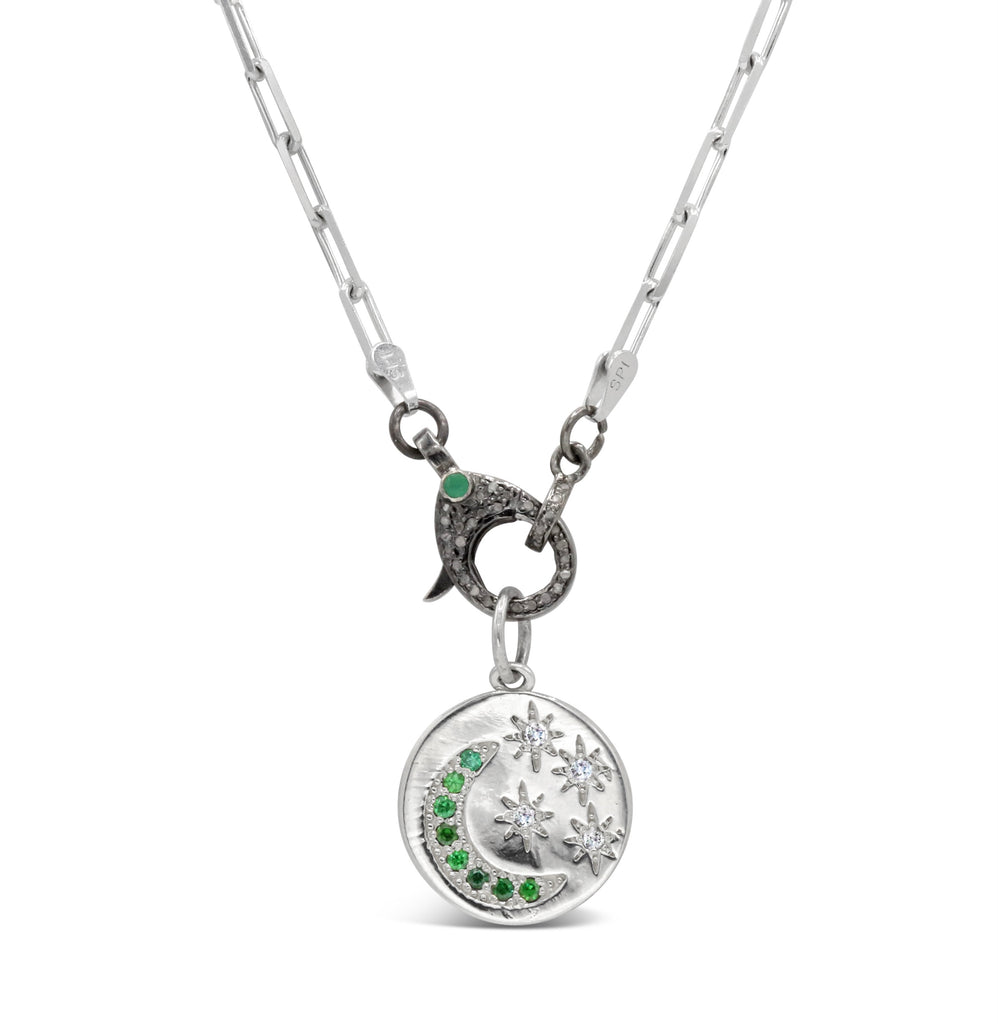 Diamond and Emerald Starry Night Medallion on Emerald and diamond clasp Necklace