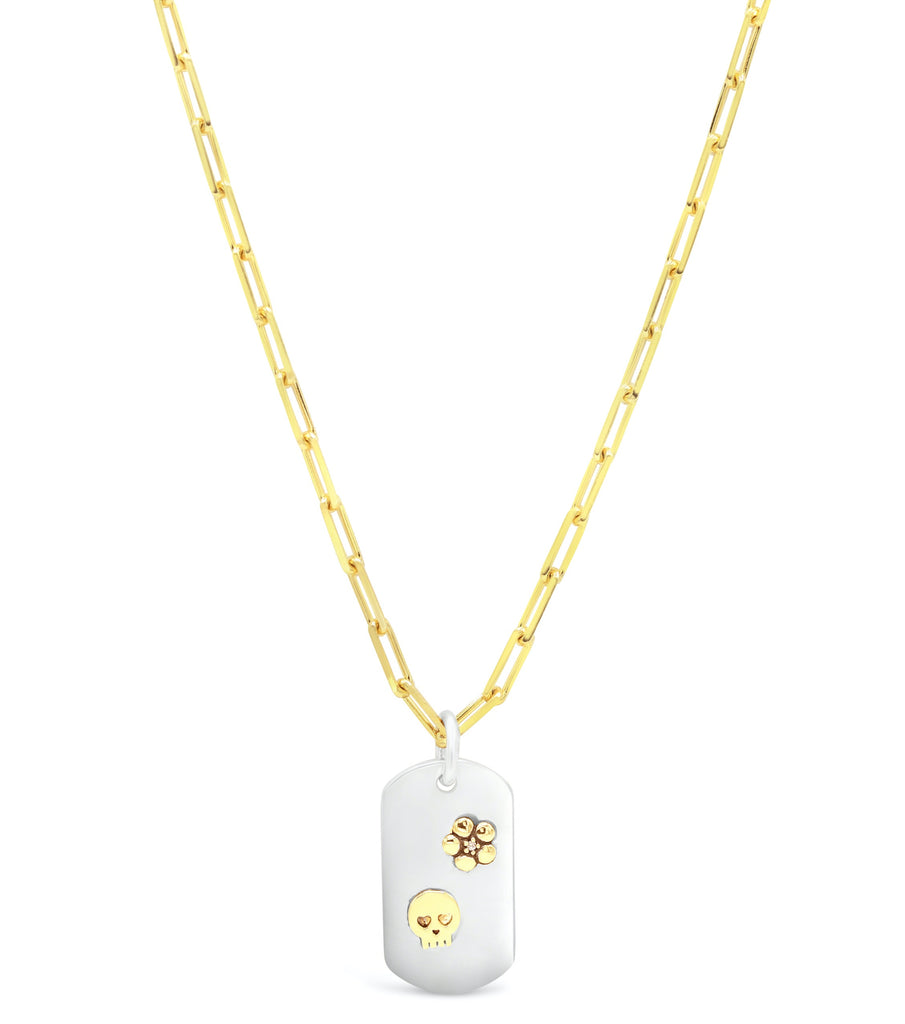 18kt Gold and Diamond Skull and Flower with Sterling Silver Dog Tag Necklace