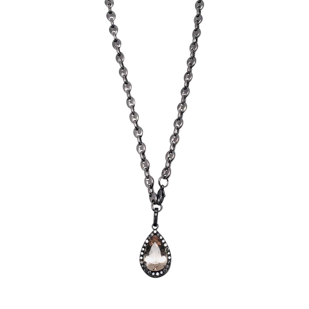 Equestrian Chain with Tear Drop Shaped Faceted Smokey Topaz with Diamond Bezel Necklace