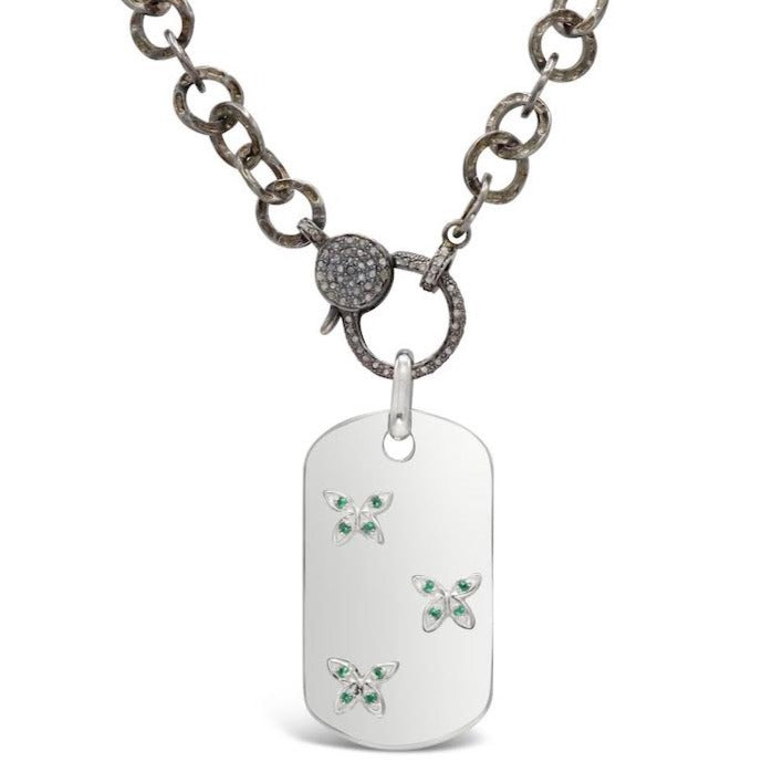 Emerald Butterfly Dog Tag with Diamond Clasp Necklace