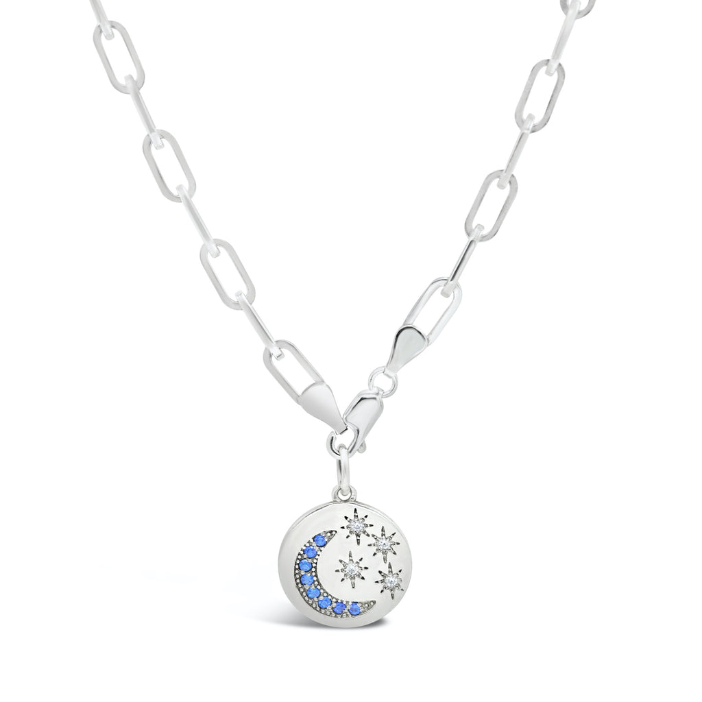 Starry Night Medallion Diamond and Blue Sapphire Paper Clip Chain Necklace