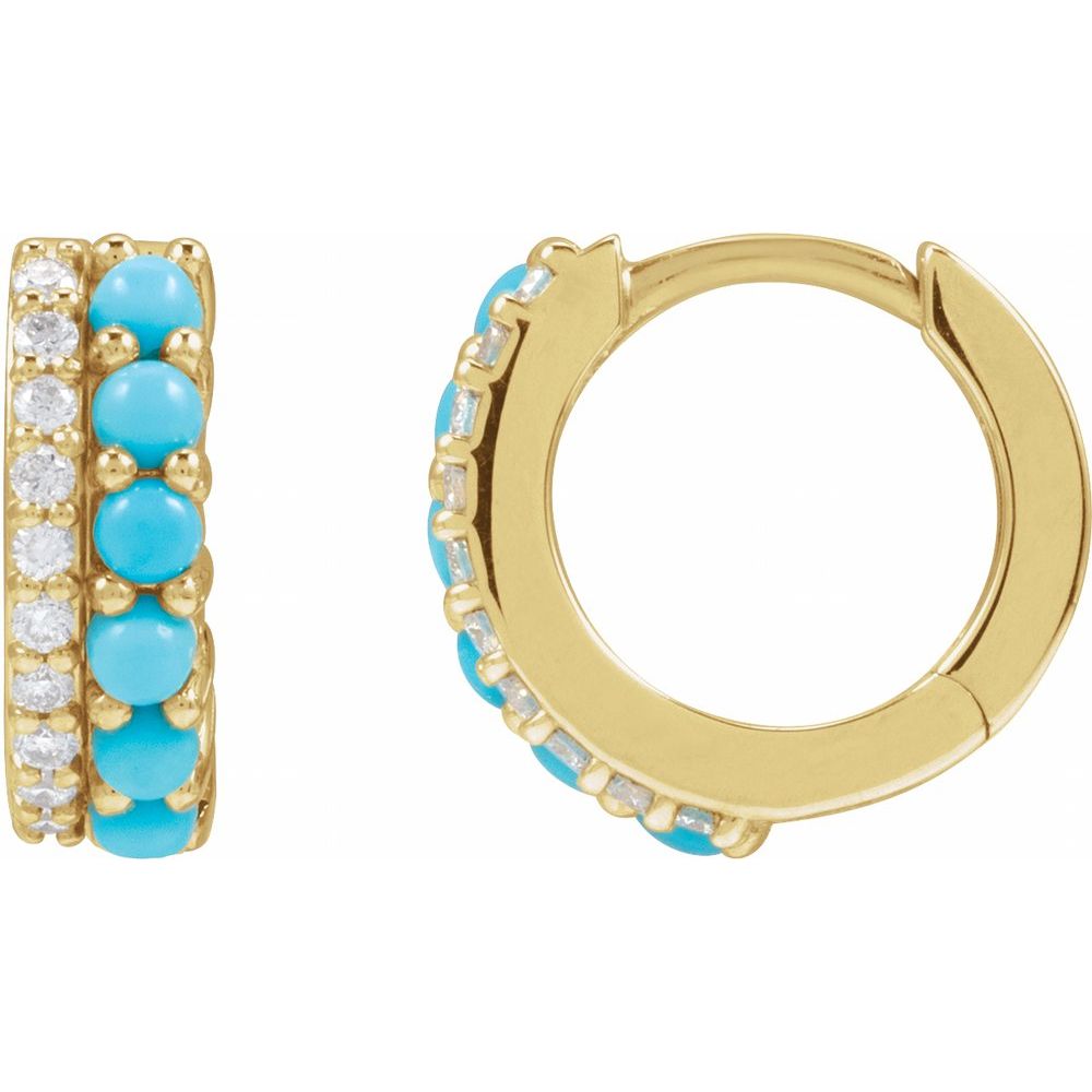 14K Yellow Natural Turquoise & 1/8 CTW Natural Diamond Huggie Hoop Earrings