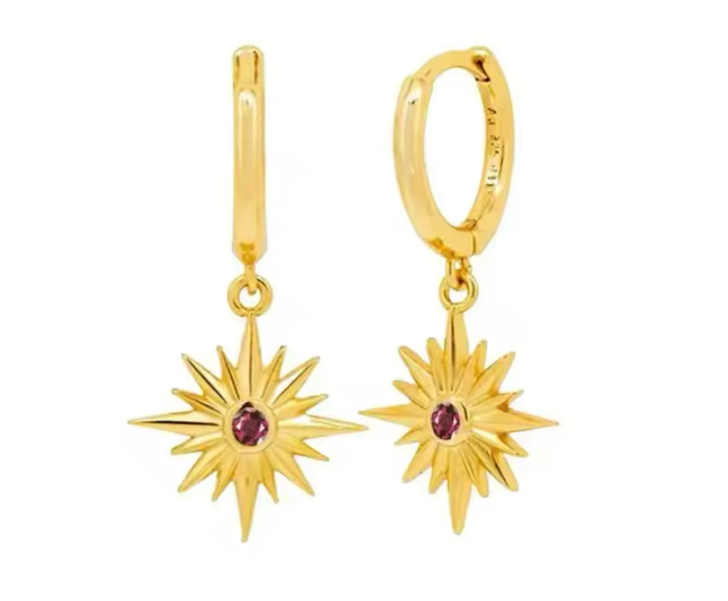 Gold Plated Sterling Silver Starburst Earring with Garnet Accent