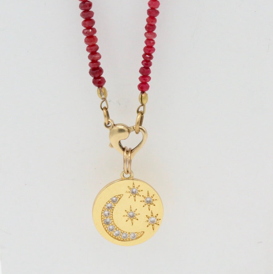 Starry Night Diamond 18kt Moon Pendant on Ruby Necklace