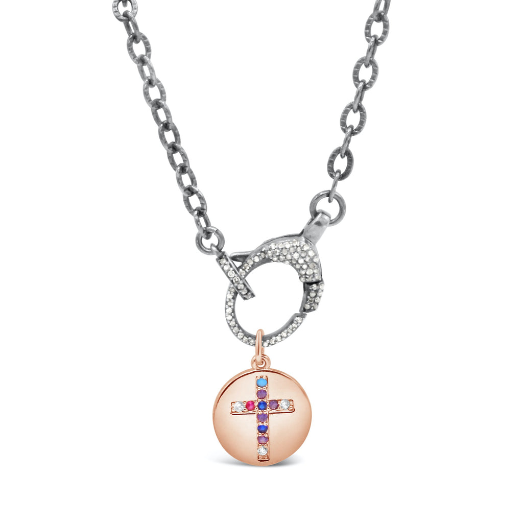 Multi Stone Cross Pendant on Diamond Clasp Necklace