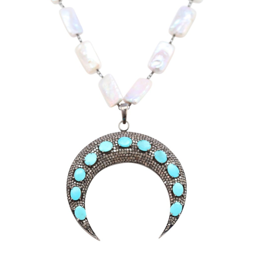 Necklace Diamond and Turquoise Crescent Moon on Cultured Pearl