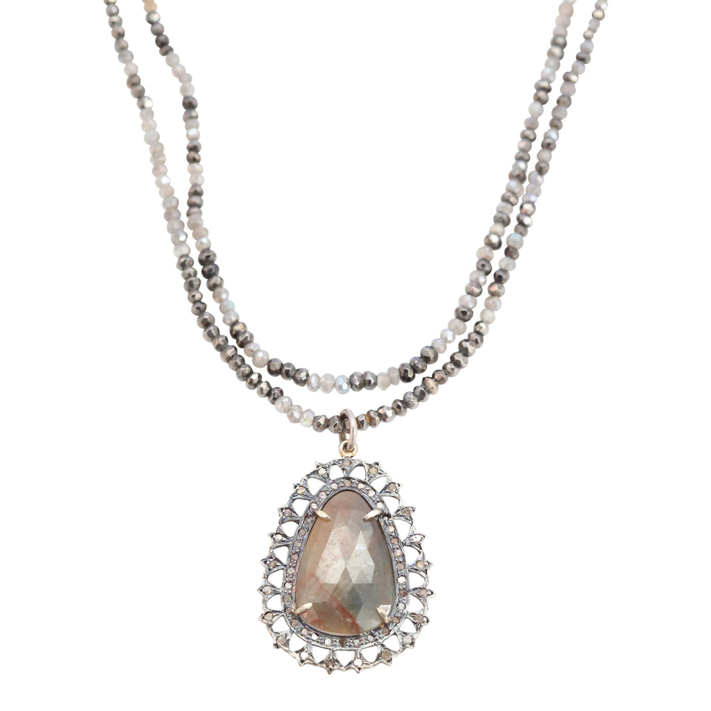 Delicate Oval Sapphire and Moonstone Pendent Necklace