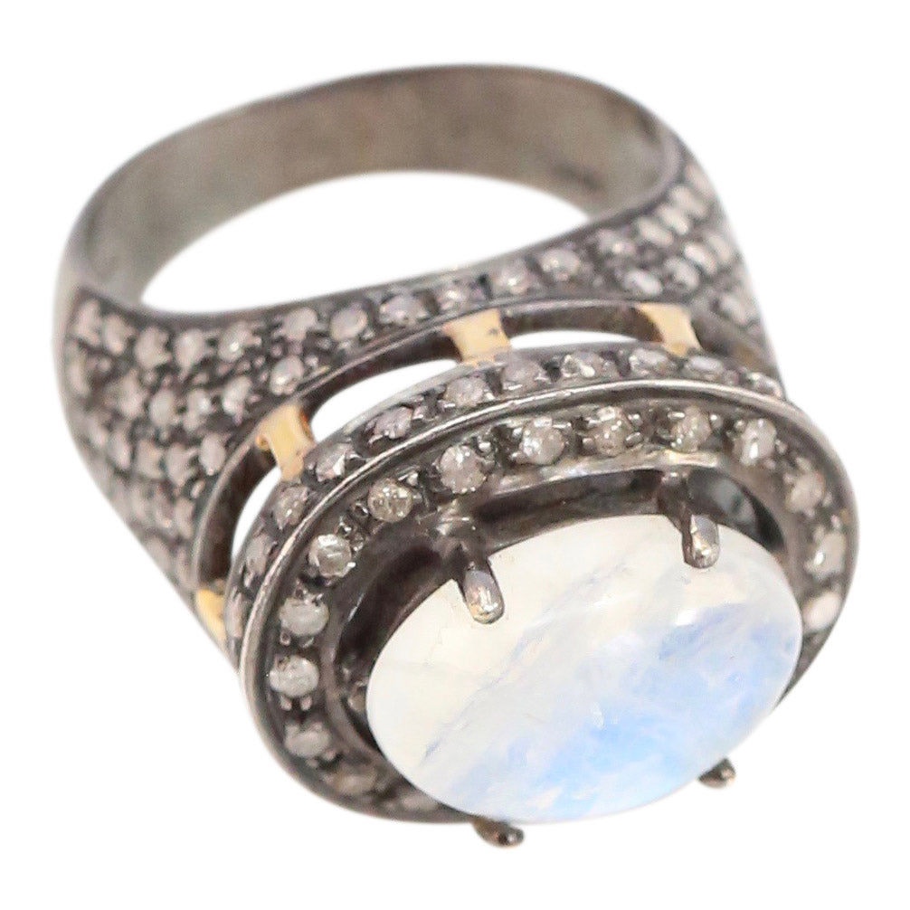 Moonstone cabachon ring set in Antiqued Silver with Pave Diamonds