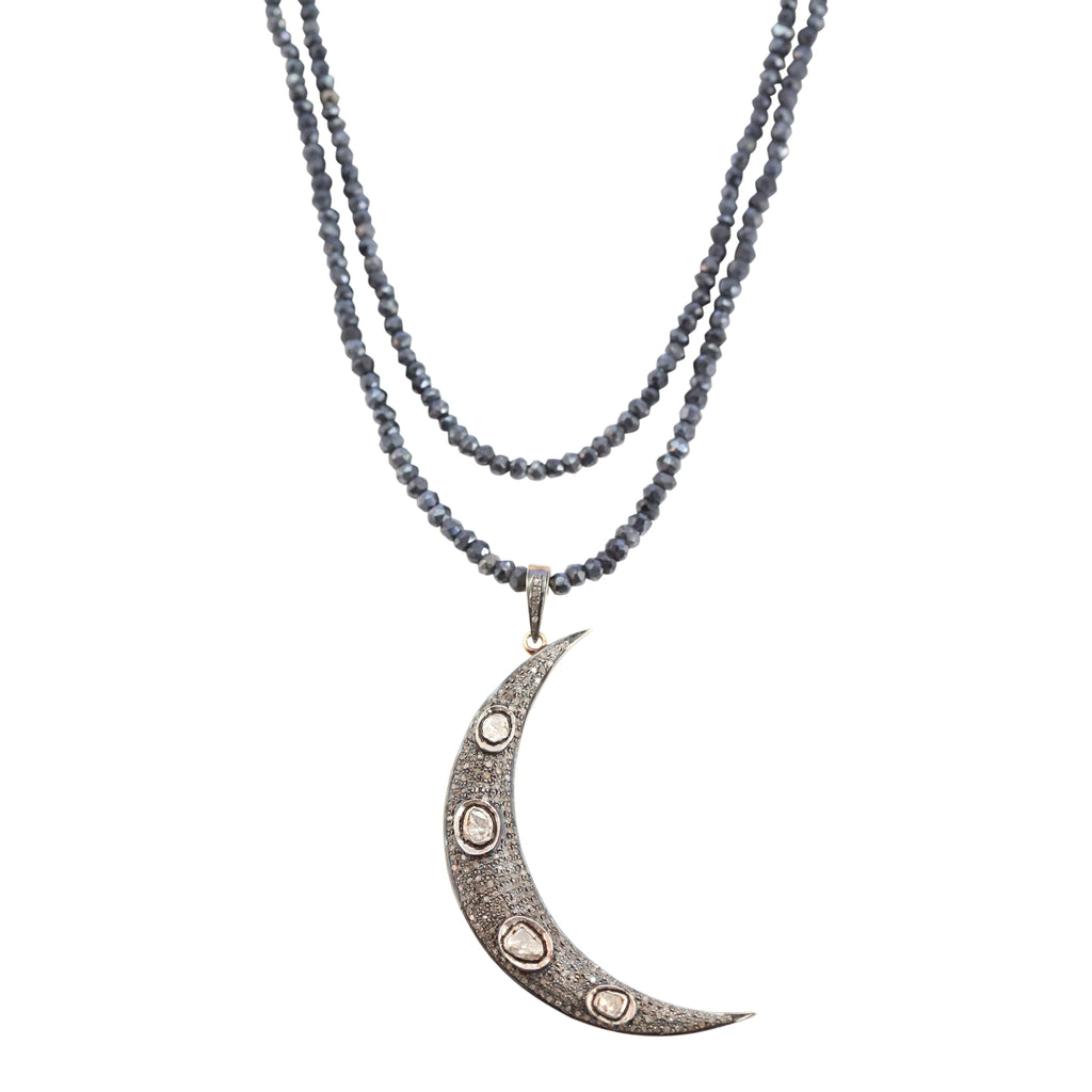 Necklace with Waxing Crescent Moon On Midnight Pyrite