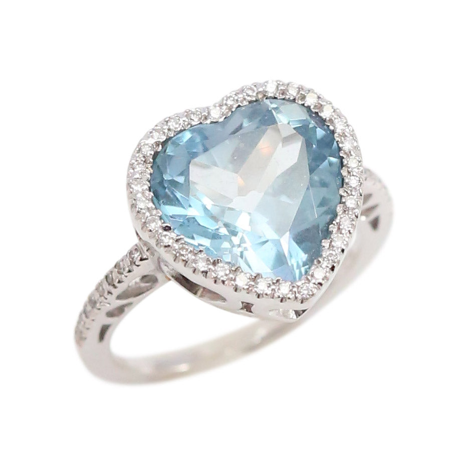 18Kt White Gold and Diamond, Aquamarine Heart Ring