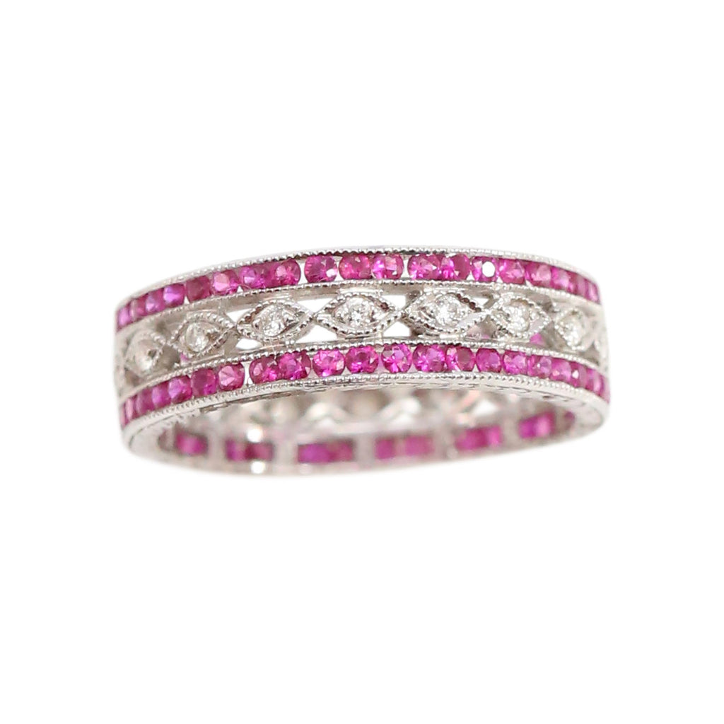 Diamond Infinity Band: 18kt White Gold Diamond and Ruby Band Ring