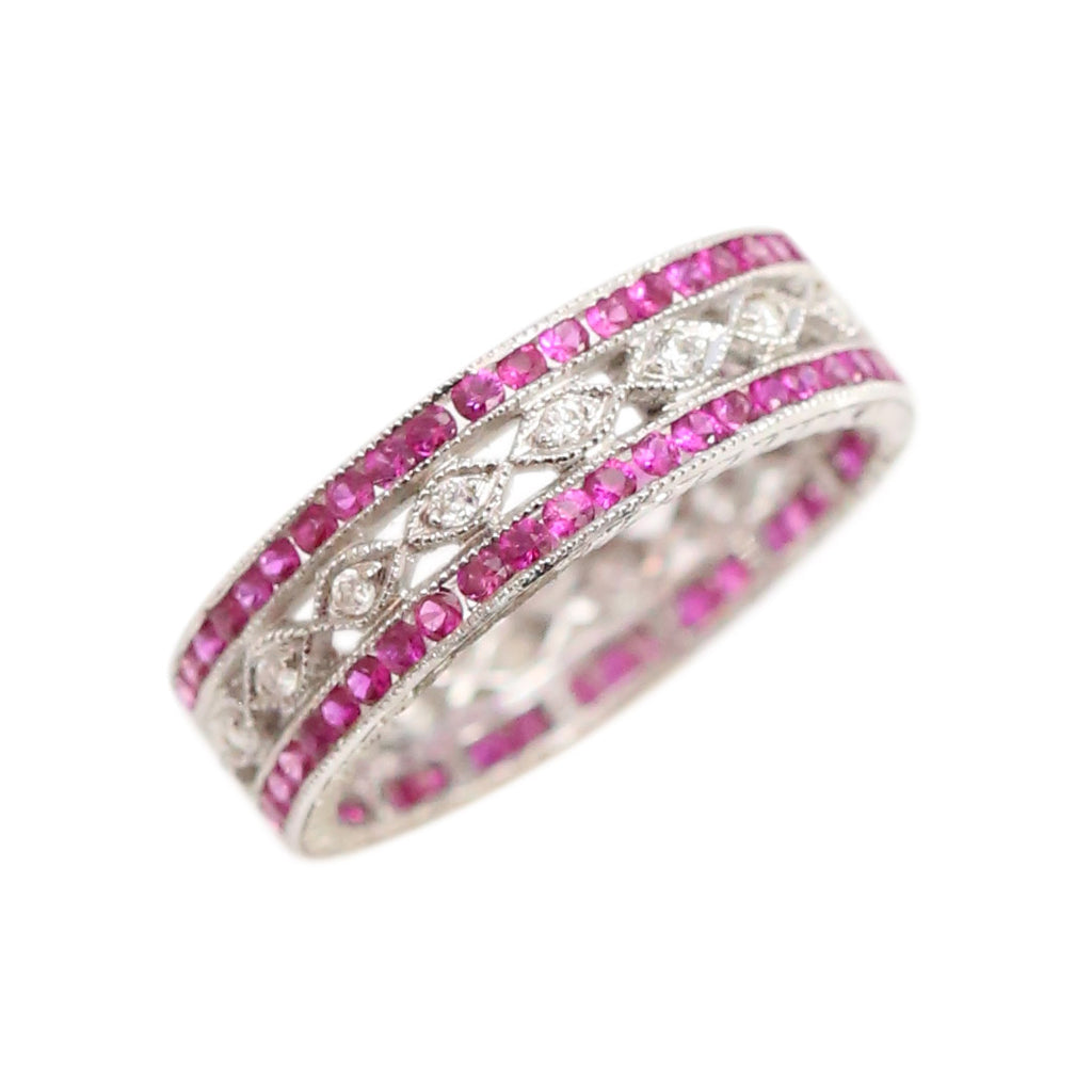 Diamond Infinity Band: 18kt White Gold Diamond and Ruby Band Ring