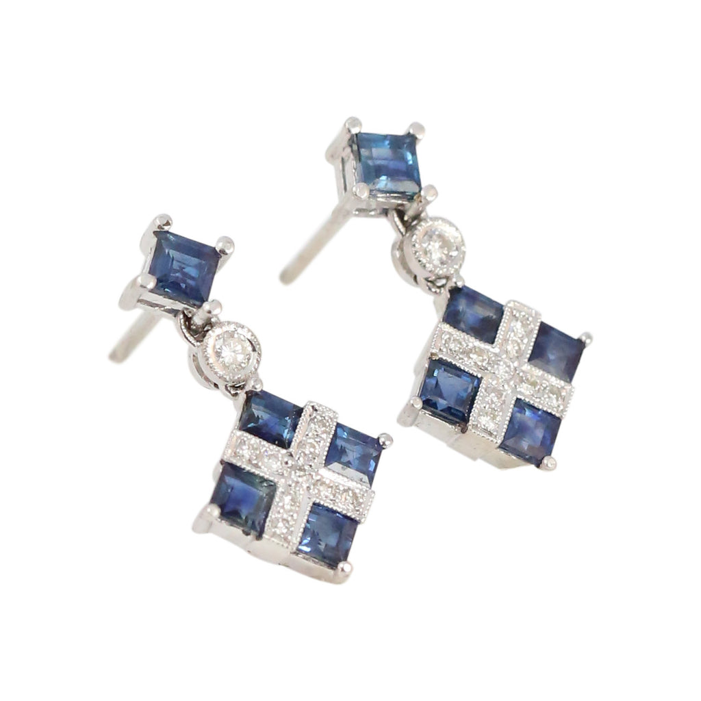 Art Deco Style Sapphire and Diamond Earrings in 18kt White Gold
