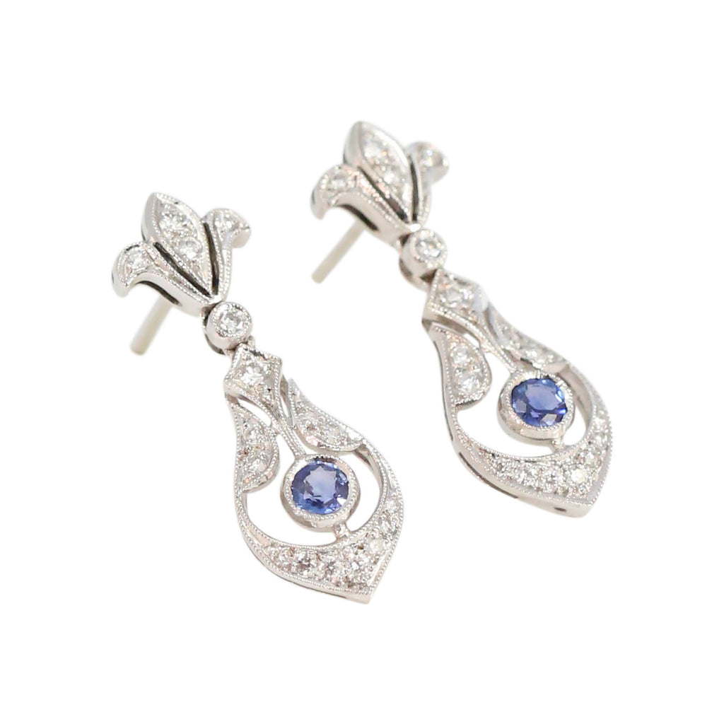 Edwardian Style pave Diamond and Blue Sapphire Drop Earrings in 18kt White Gold