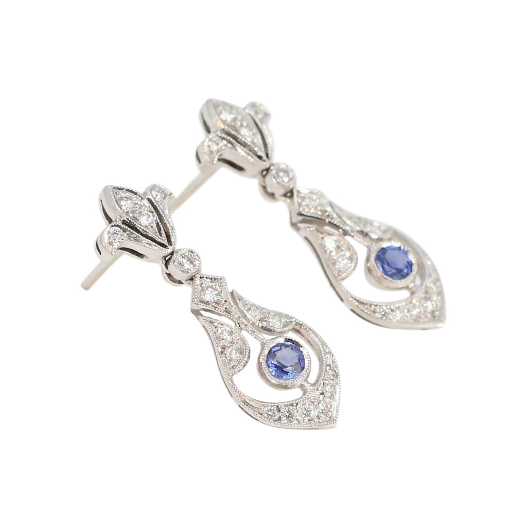 Edwardian Style pave Diamond and Blue Sapphire Drop Earrings in 18kt White Gold