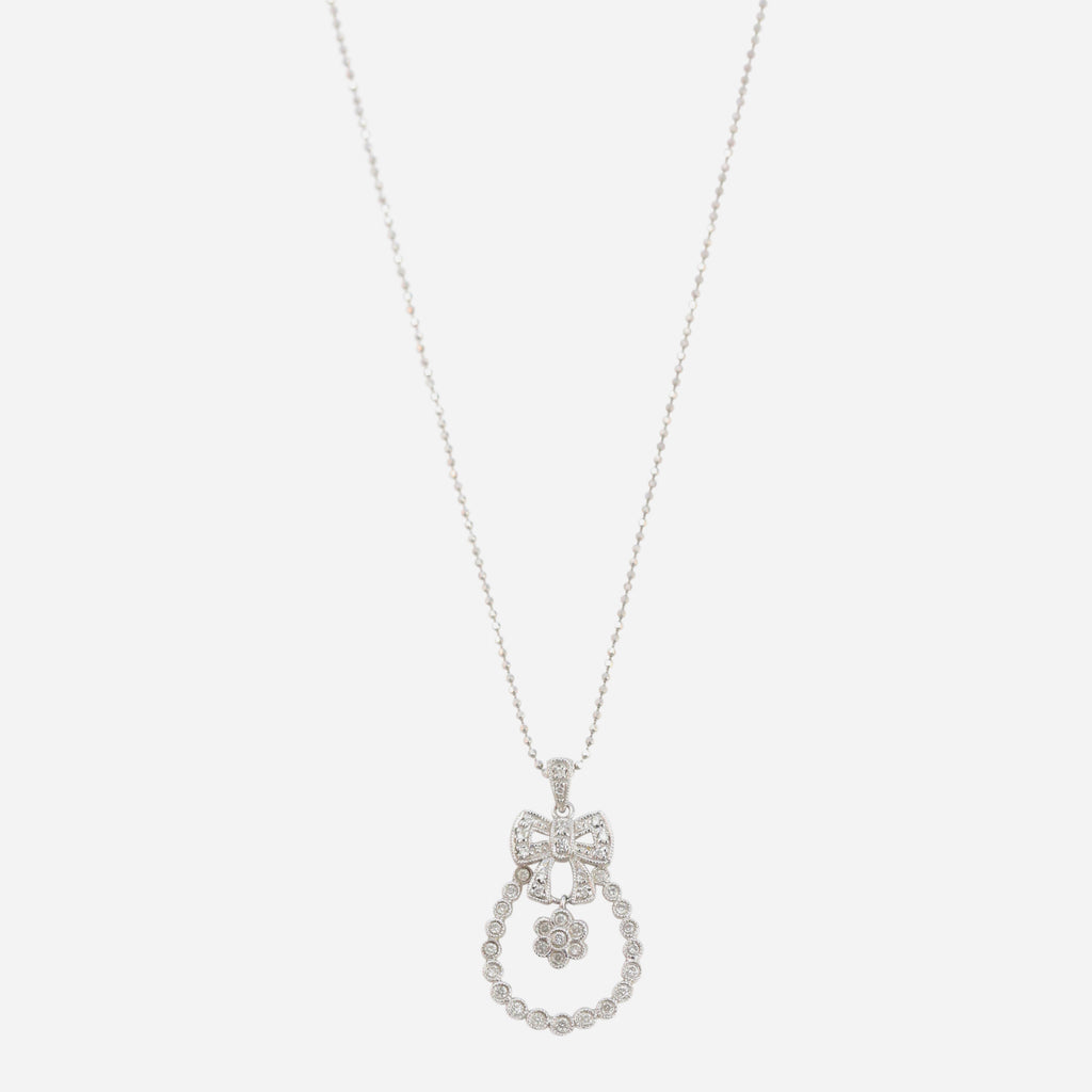 Diamond Bow and Floral Pendant Necklace in 18kt White Gold