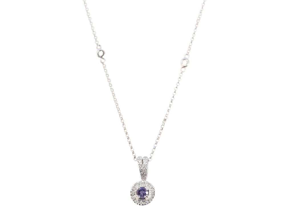 18k White Gold Blue Sapphire and Diamond Surround Necklace