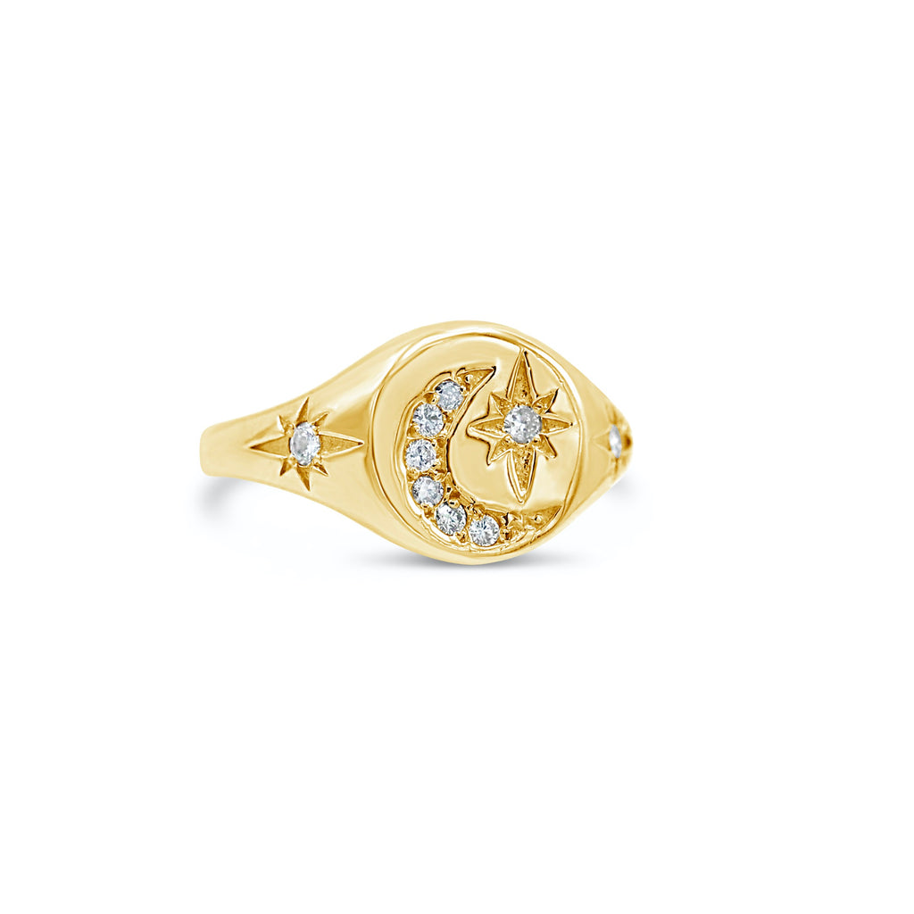 Starry Night 14k Diamond Starburst and Moon Signet Ring