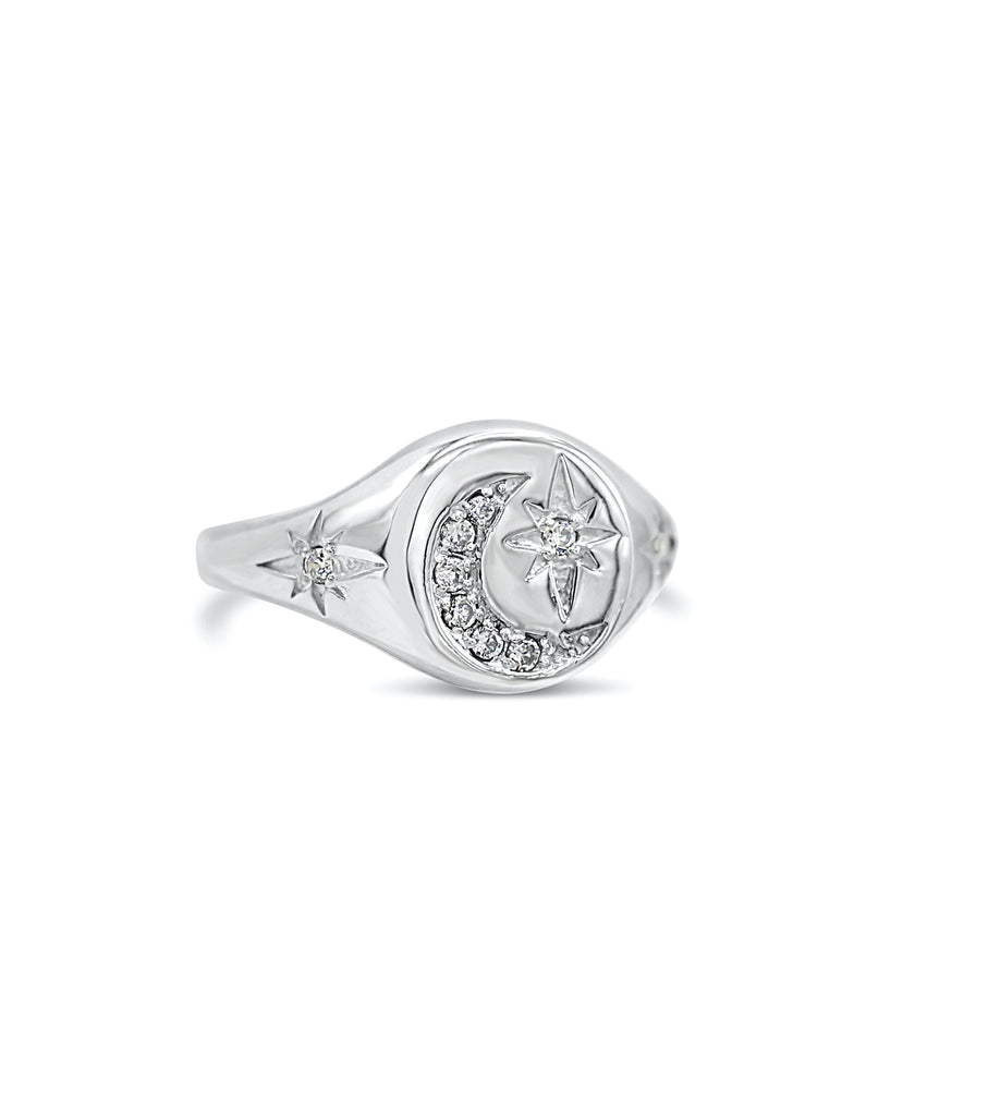 Starry Night Diamond Starburst and Moon Signet Ring