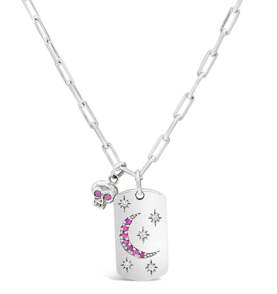 Starry Night Diamond and Ruby Dog Tag with Ruby Eye Skull Necklace