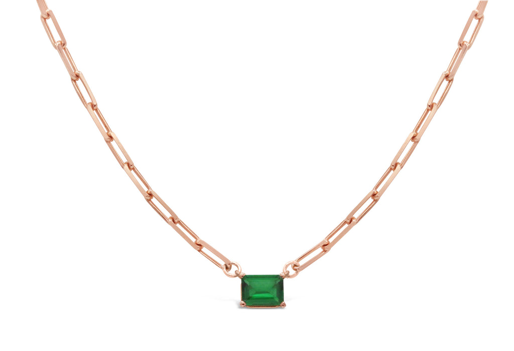 Emerald on Rose Gold Paper Clip Chain Necklace