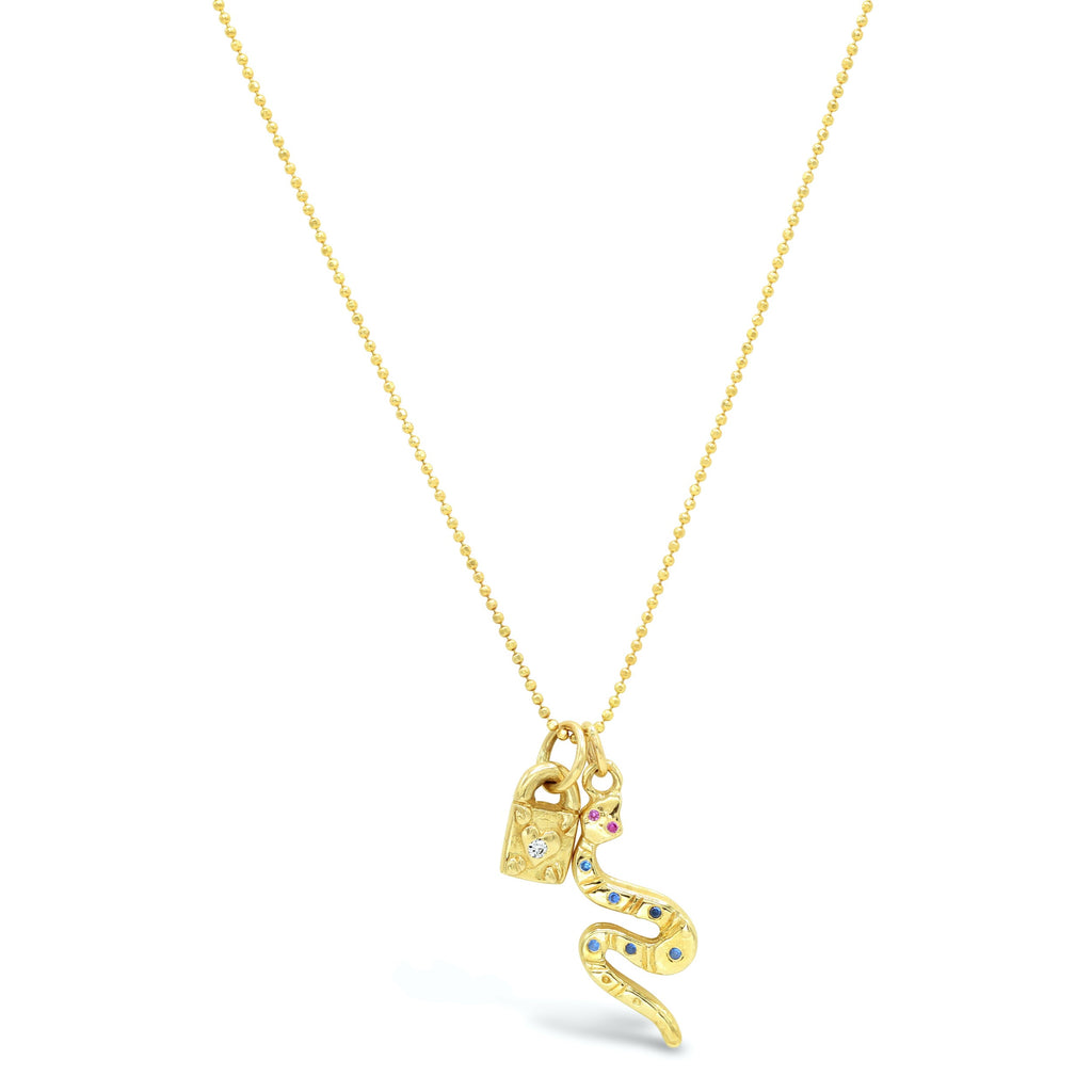 Semi precious stone snake and baby locket with diamond heart Necklace
