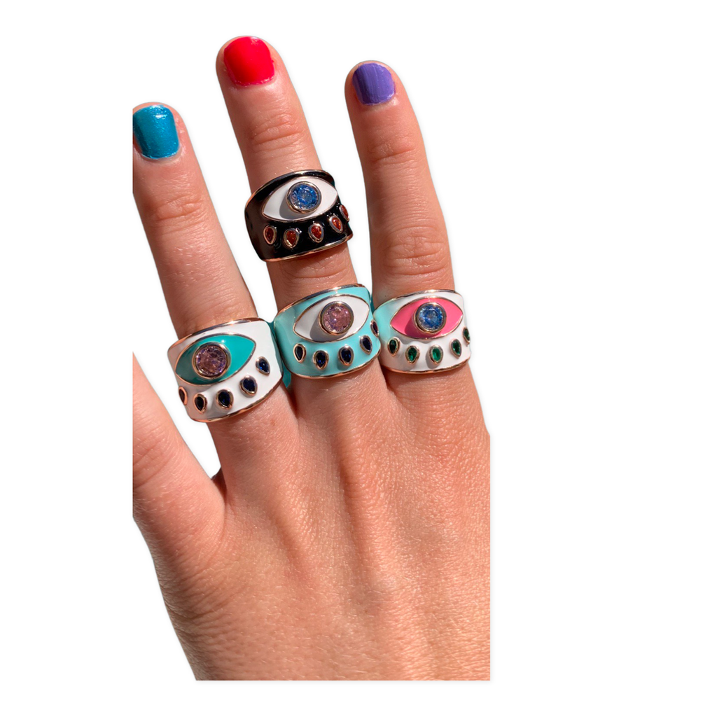 Evil Eye Ring - Large Band Enamel and Colored Stone Center Eye