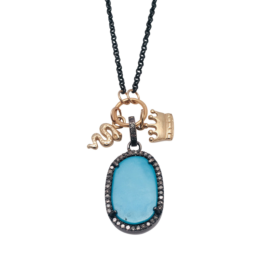 Diamond and Turquoise Pendant Necklace with 14kt Gold Snake and Crown Charms