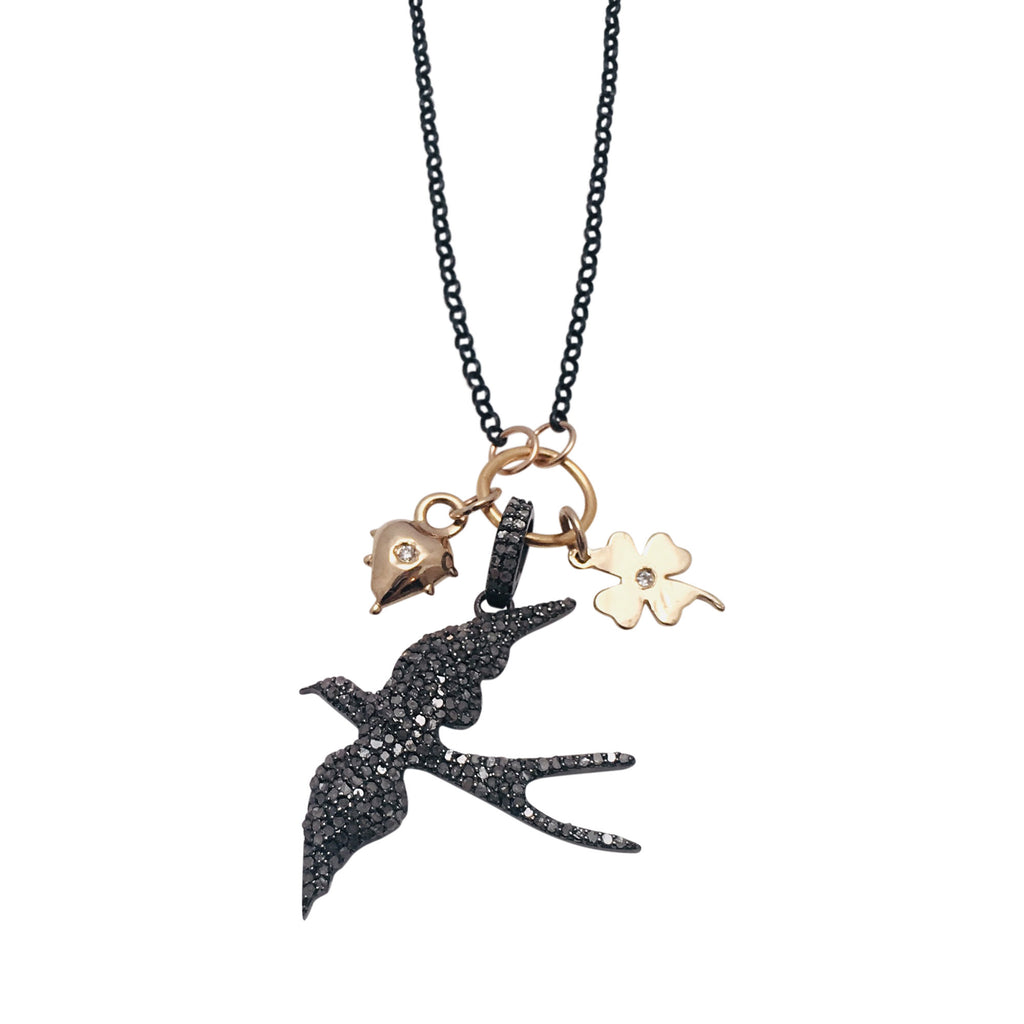 Diamond Dove In Flight Necklace with 14kt Gold and Diamond Heart and Clover Charms
