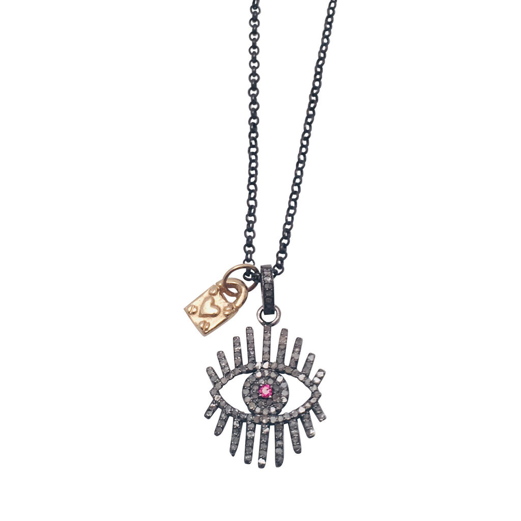 Pink Sapphire Evil Eye Charm Necklace with 14kt Yellow Gold Heart Lock