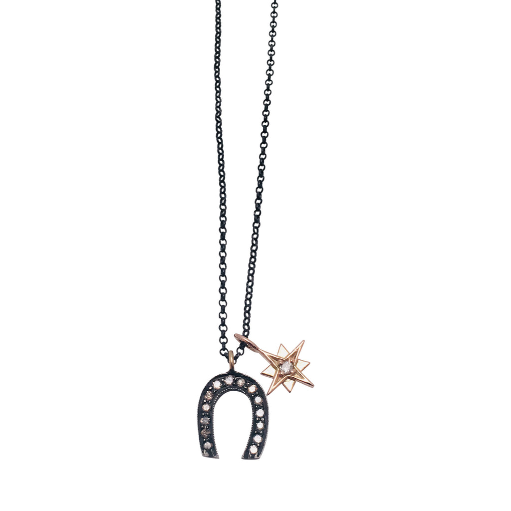 Diamond Horseshoe and Brilliant Diamond 14kt Starburst Charm Necklace