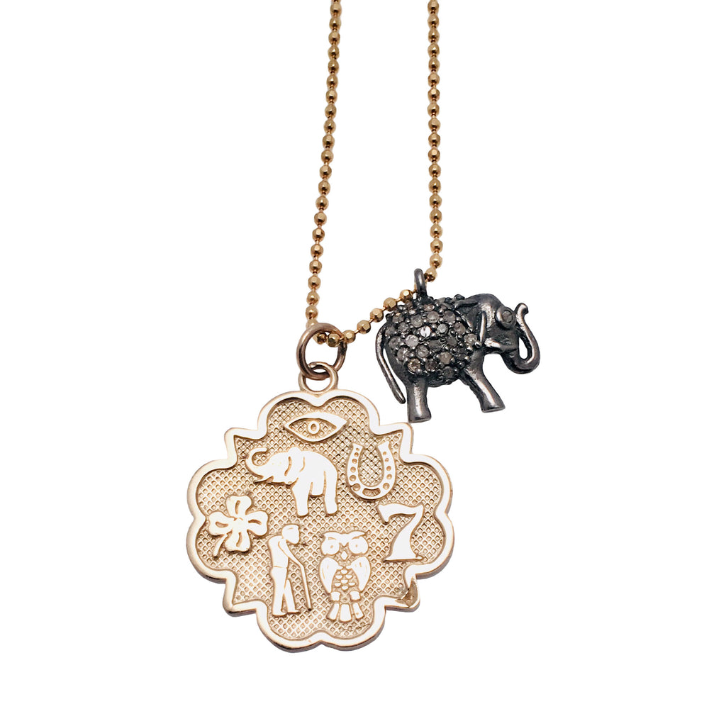 Lucky Charm Necklace in Gold with Seven Charm Gold Medallion Necklace with Diamond Elephant