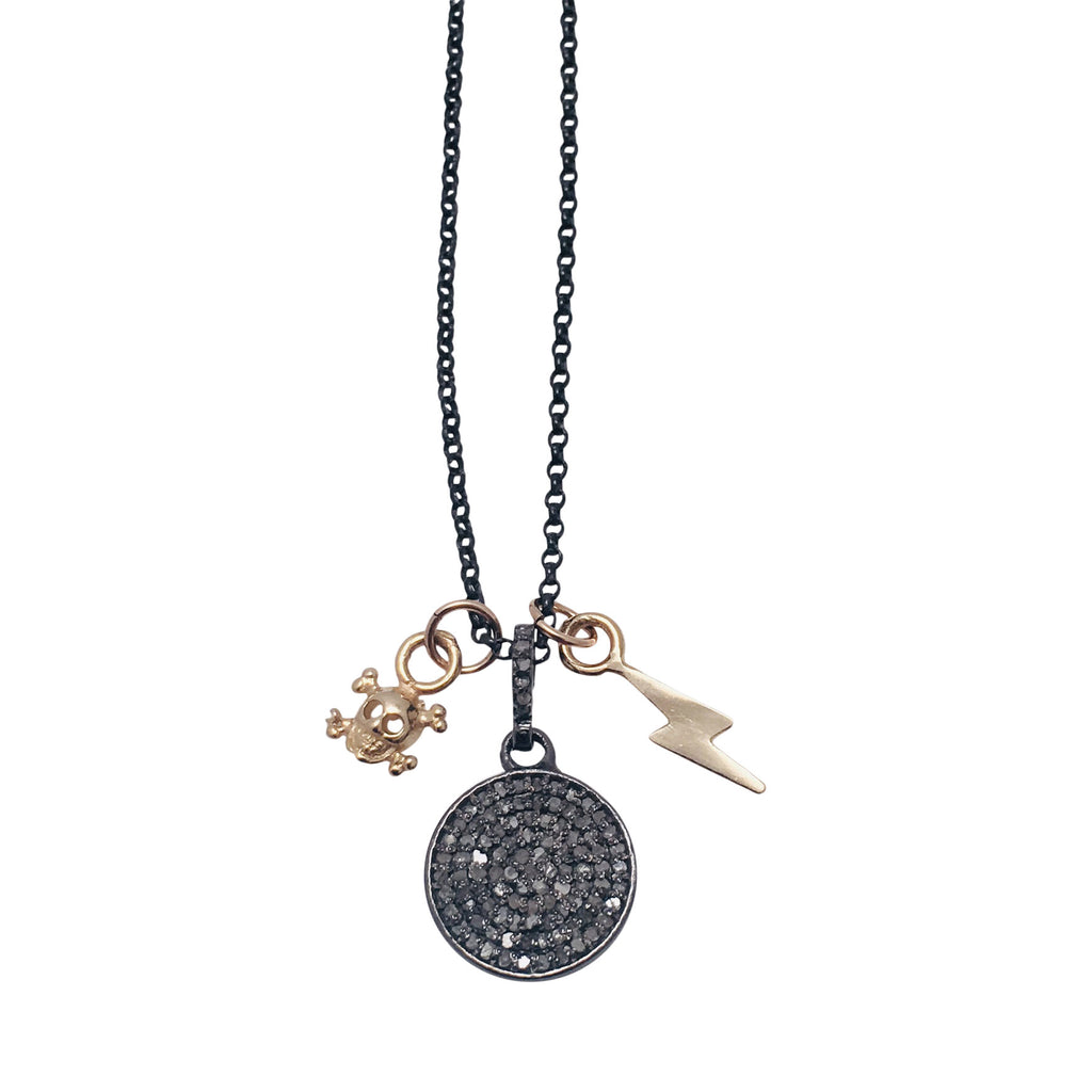 Diamond Pave disc necklace with 14kt Gold skull and 14kt gold lightening bolt charms