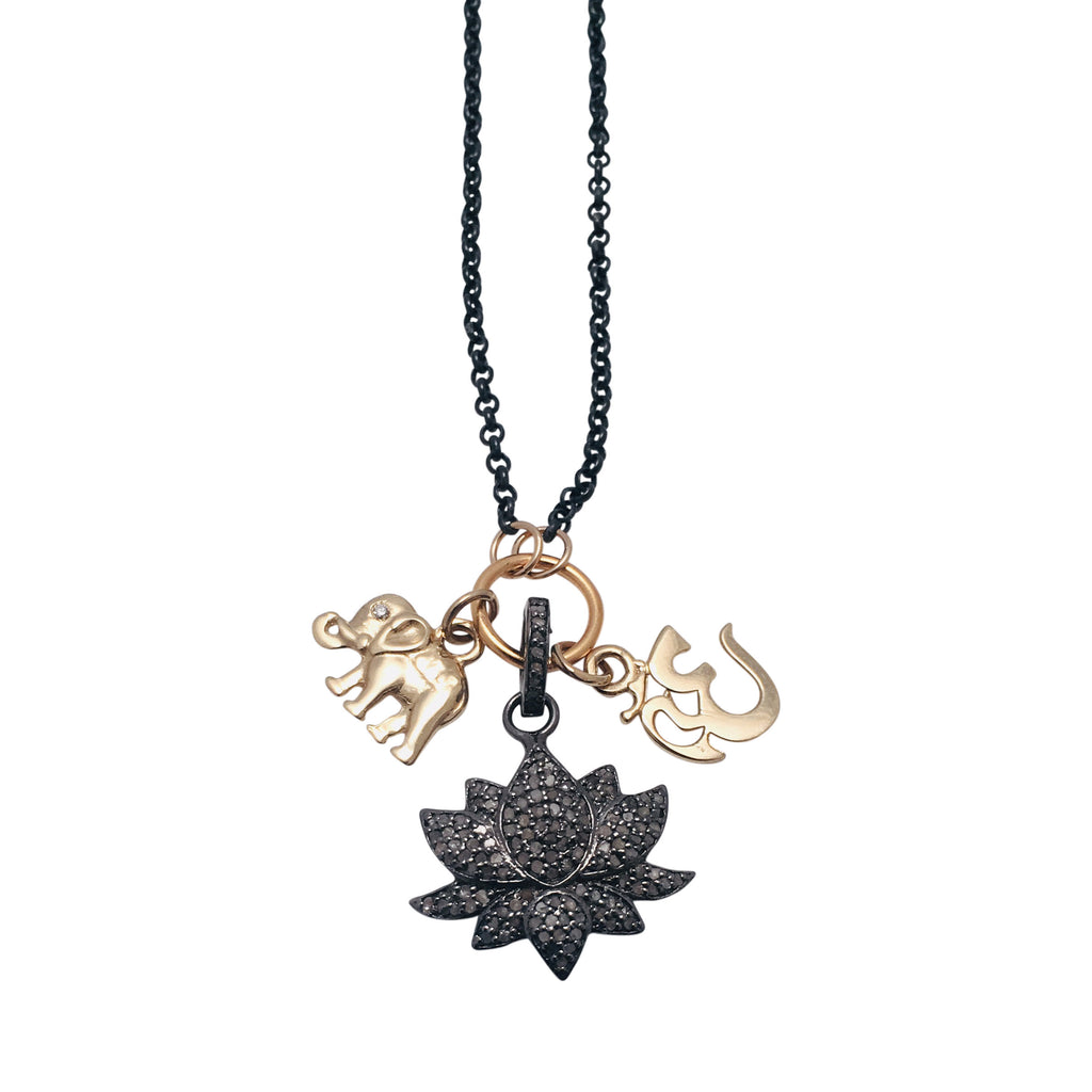 Diamond pave Lotus blossom with 14kt gold Elephant and "OM" charms Necklace