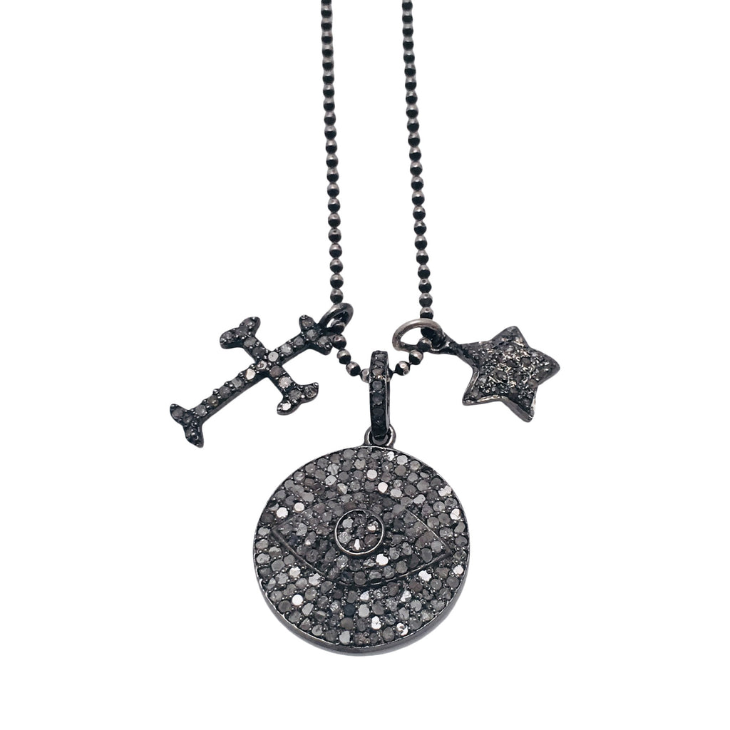 Diamond Multi Charm Necklace with Silver Pave Large Evil Eye Disc with Cross and Star Charms