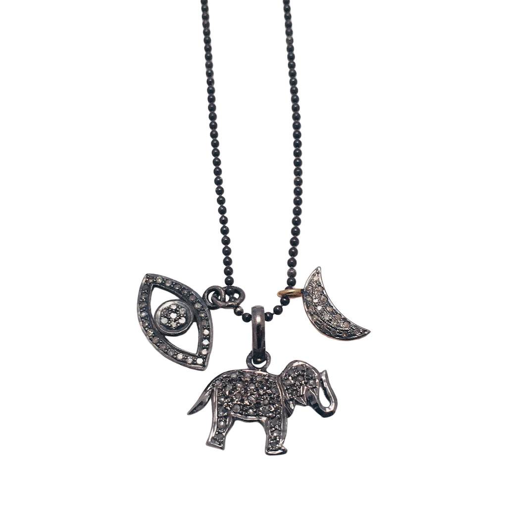 Diamond Pave Charms Necklace with Evil Eye, Elephant and Crescent Moon