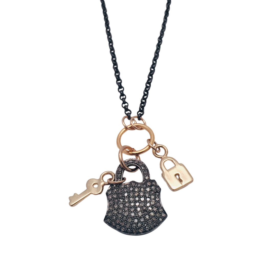 Diamond Pave Lock in Silver with 14kt gold lock and key charms Necklace