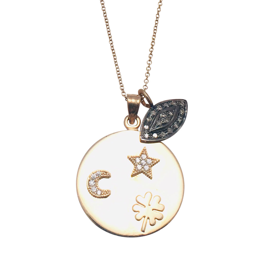 Diamond Pave Evil Eye Charm With 14kt Gold Medallion Necklace