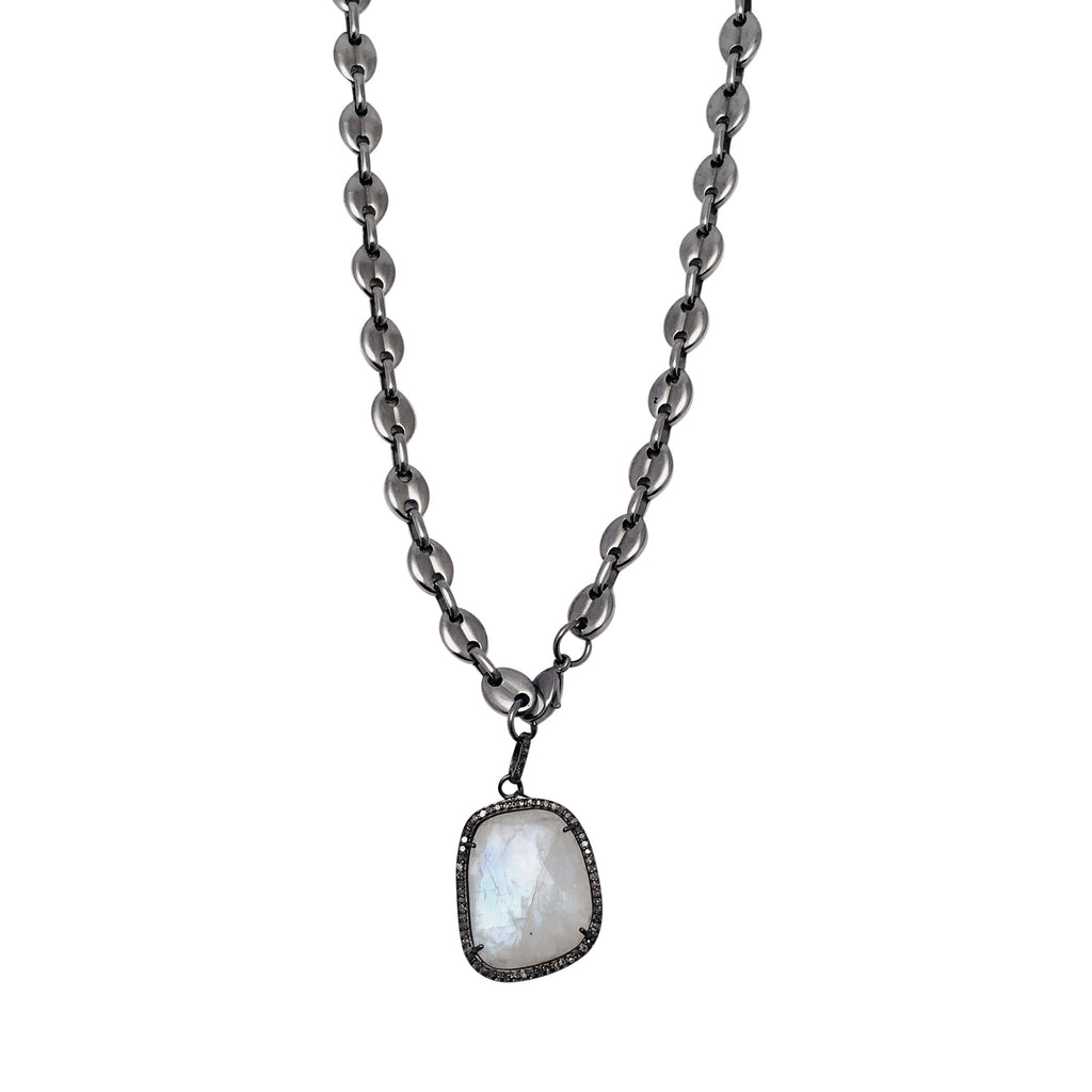 Equestrian Chain Necklace with Moonstone and Diamond Bezel Pendant