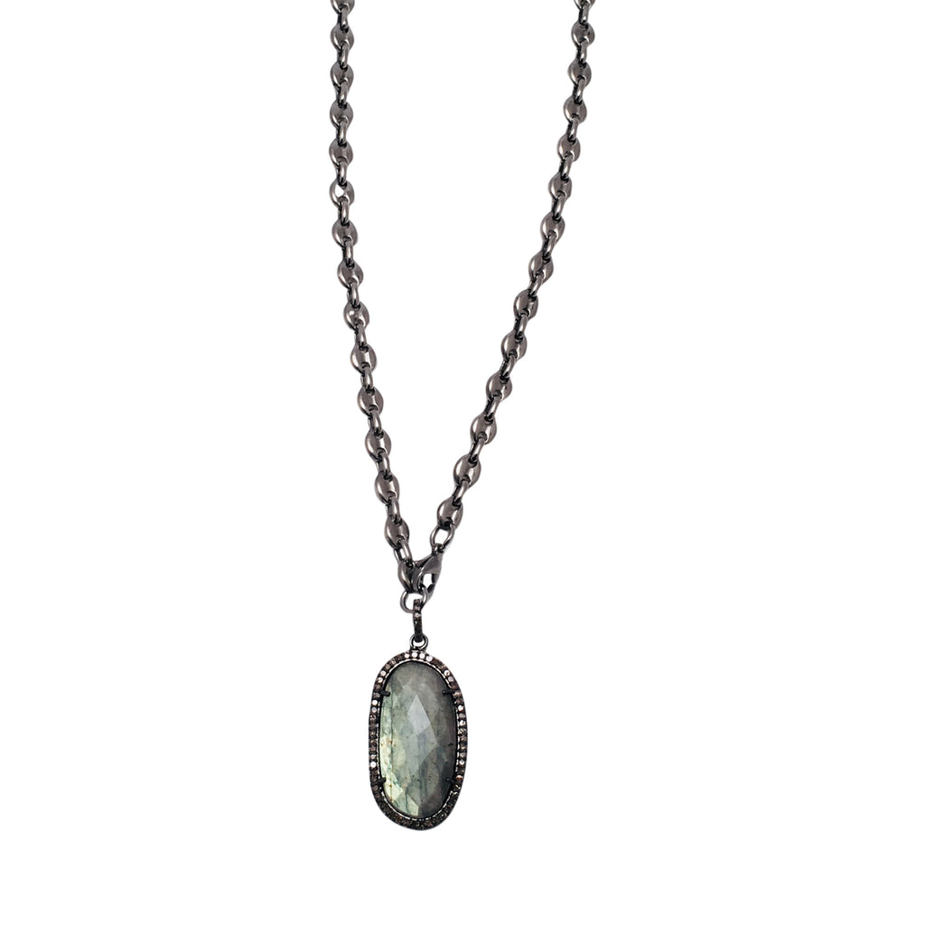 Equestrian Chain Necklace with Faceted Oval Labradorite with Diamond Bezel Pendant
