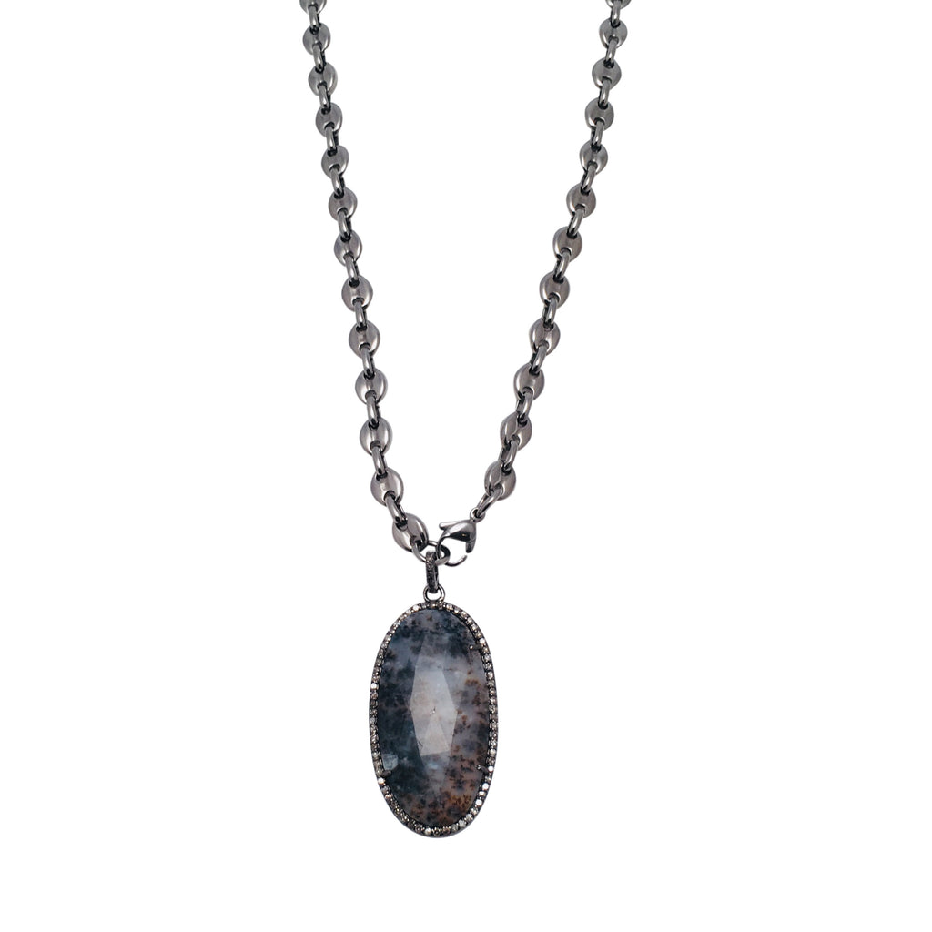 Equestrian Chain with Large faceted Moss Agate Pendant with Diamond Bezel Necklace