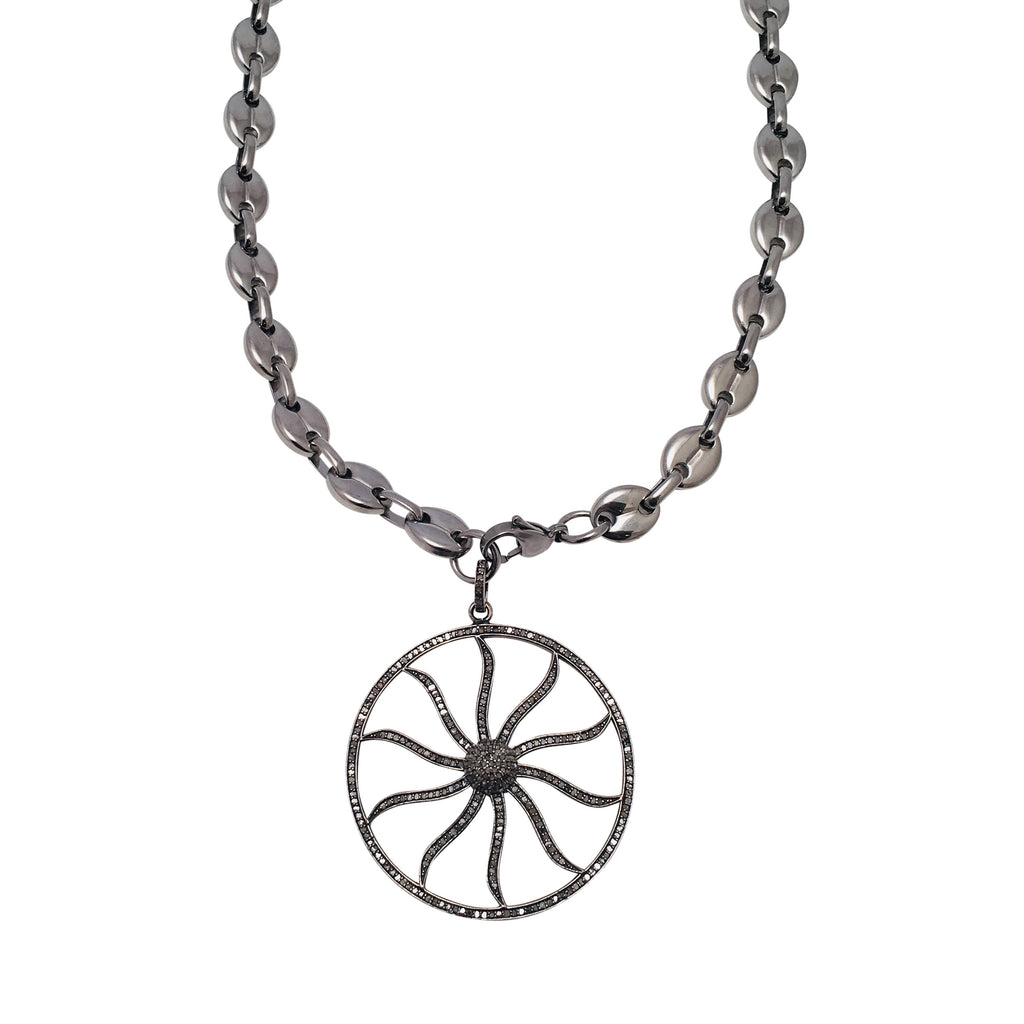 Diamond Pave Open Wheel of Life Necklace on Equestrian Link Chain