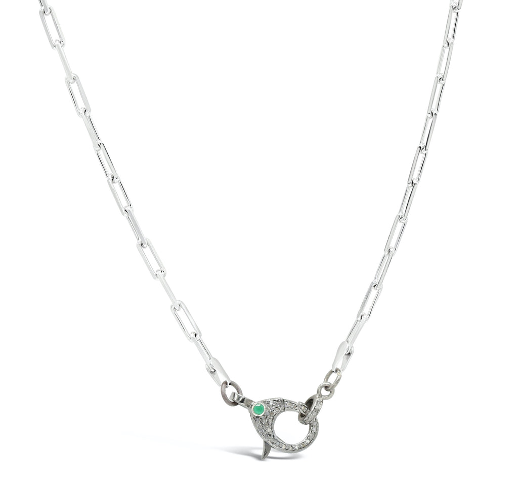 Emerald Diamond Clasp on Silver Paper Clip Chain Necklace