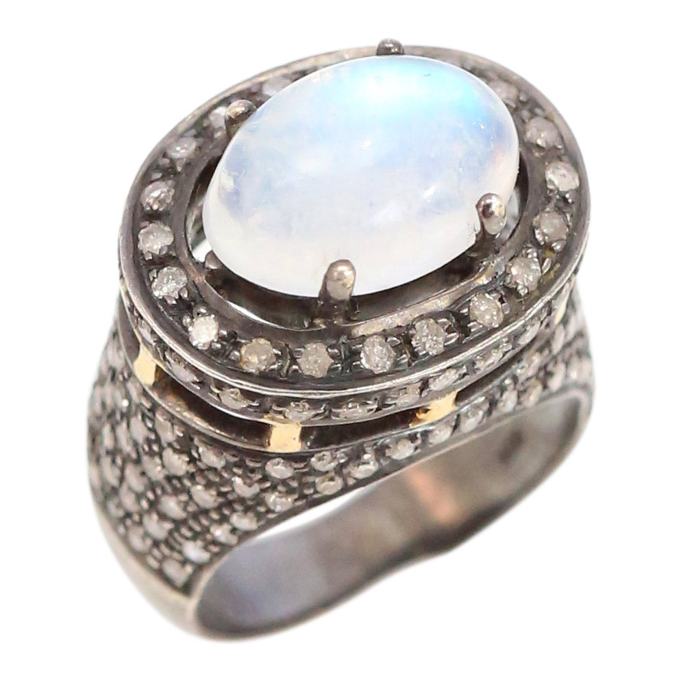 Moonstone cabachon ring set in Antiqued Silver with Pave Diamonds